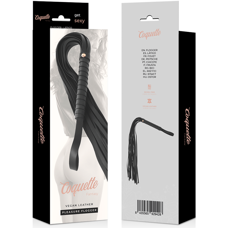 Emballages Coquette Pleasure Flogger montrant le fouet cuir vegan noir en visuel, packaging d'accessoire BDSM de discipline aux fines lanieres pour jeux avances.
