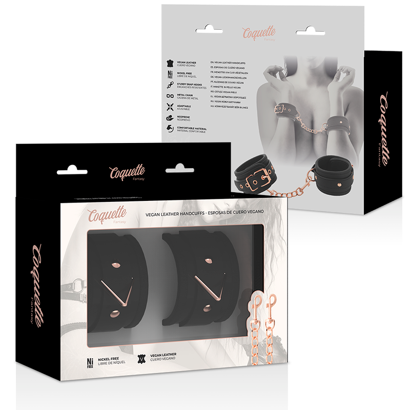 Emballages Coquette Vegan Leather Handcuffs empiles montrant les menottes cuir vegan a chaine or rose, packaging d'accessoire d'attache poignets pour bondage soft.
