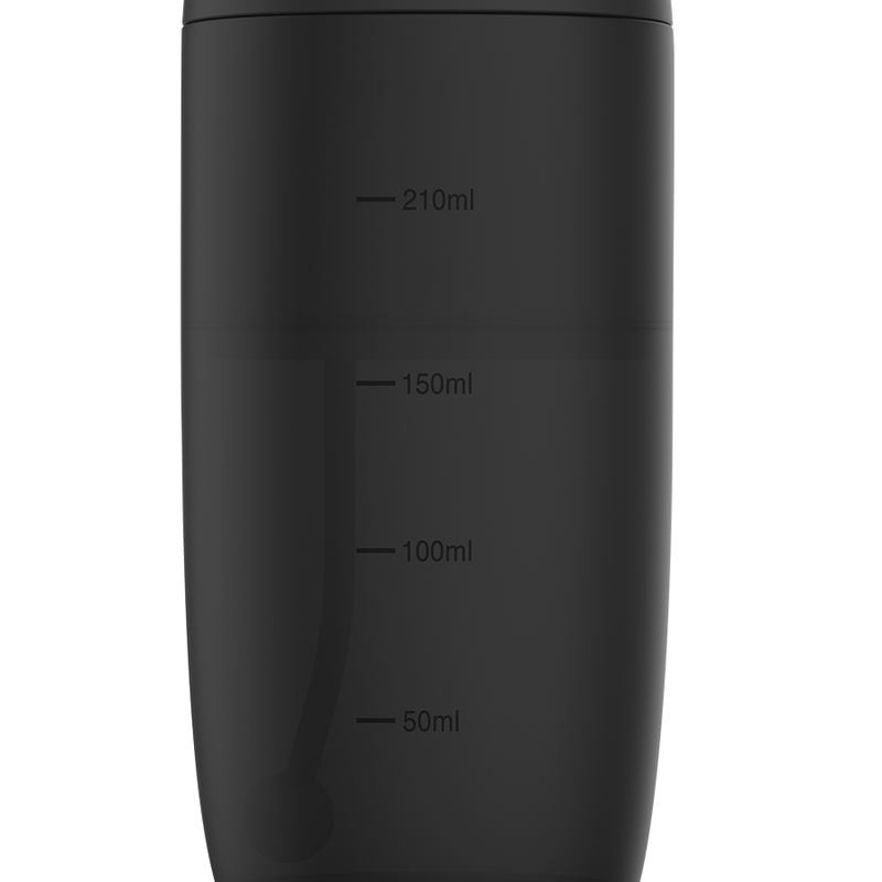 Reservoir de la douche anale Anbiguo en silicone noir avec graduations 50 a 210 ml, capacite 210 ml pour ajuster le volume du lavement intime automatique.