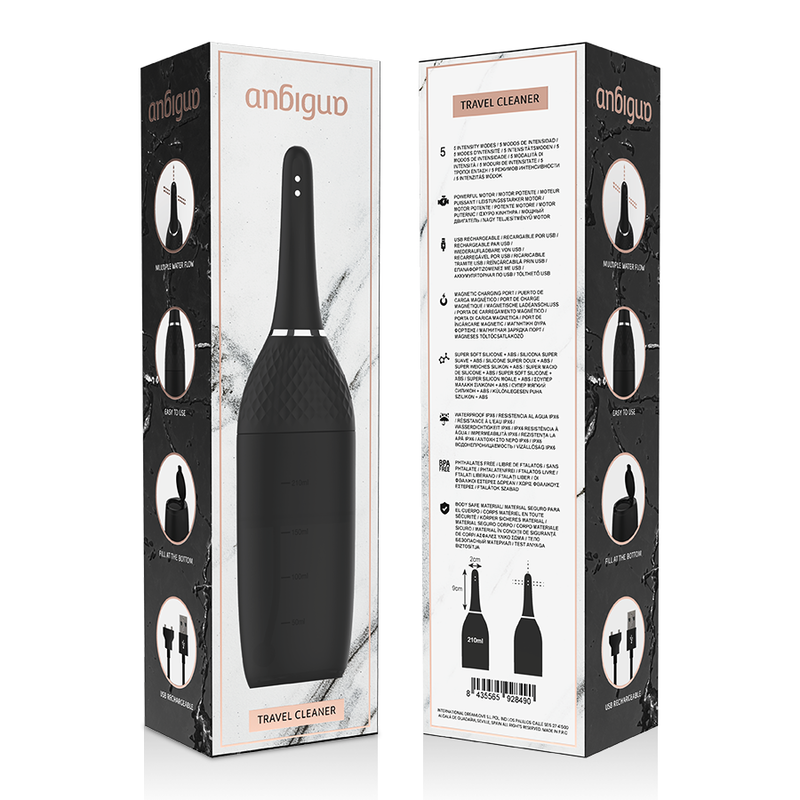 Boite Travel Cleaner de la douche anale Anbiguo, faces avant et arriere avec notice, presentation de la poire de lavement automatique rechargeable etanche.