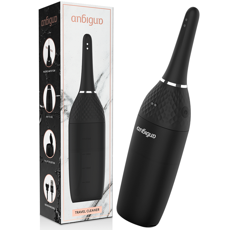 Emballage Travel Cleaner de la douche anale Anbiguo, visuel marbre montrant la poire de lavement en silicone noir et ses fonctions de nettoyage intime.