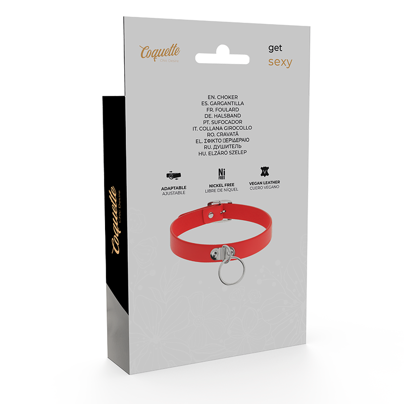 Emballage Coquette du ras de cou rouge en cuir vegan a anneau pendant, packaging multilingue d'accessoire fetiche minimaliste presente sur fond clair.