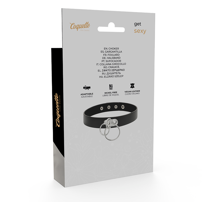 Ras de cou double anneau cuir végan noir — vue rapprochée