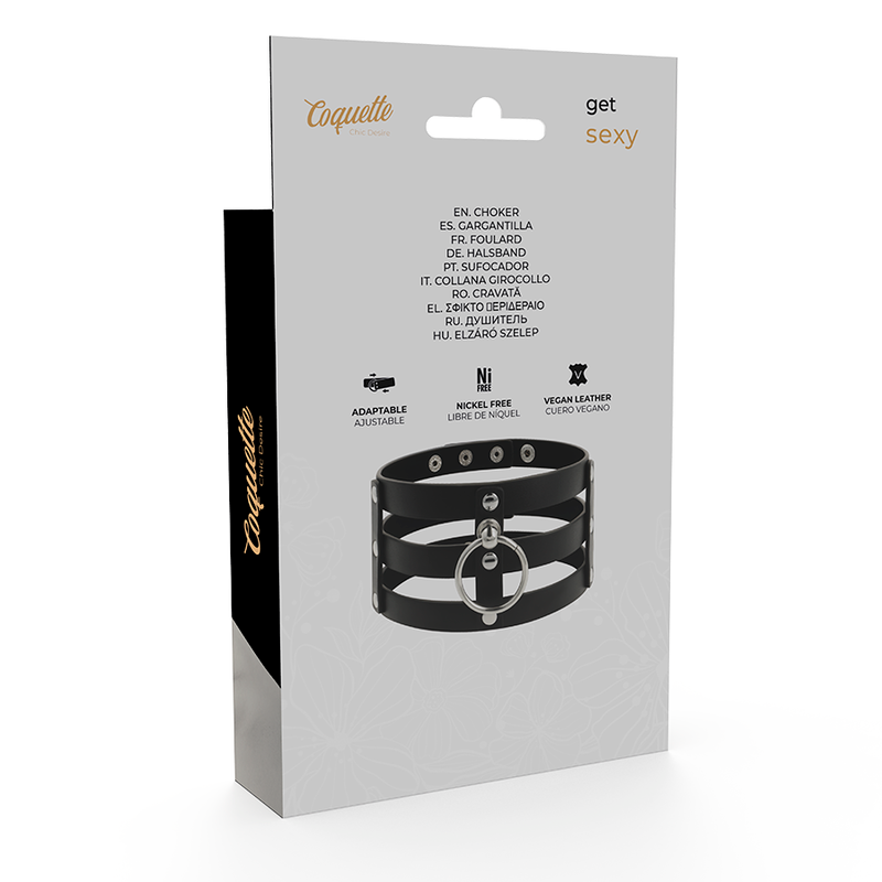 Emballage Coquette du ras de cou cage cuir vegan a triple bande et anneau, packaging multilingue d'accessoire fetiche structure presente sur fond clair.