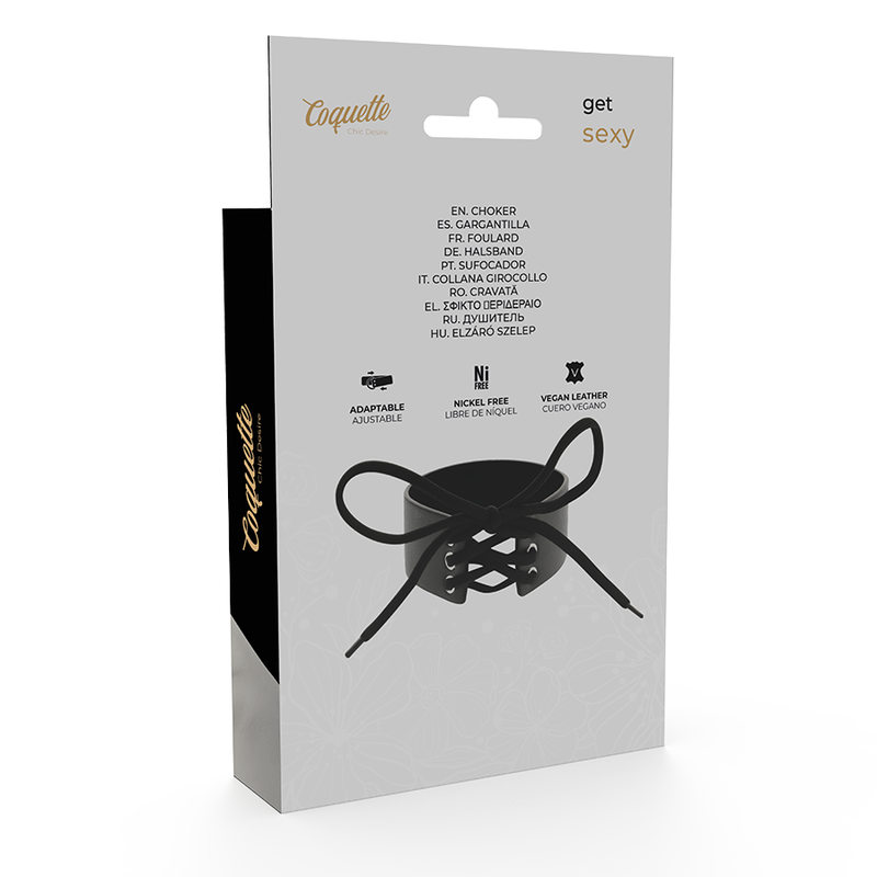 Emballage Coquette du ras de cou large cuir vegan a laçage corset, packaging multilingue d'accessoire fetiche reglable presente sur fond clair.