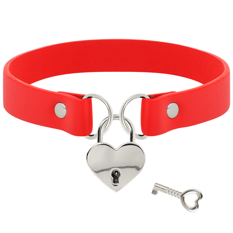 Collier en cuir vegan rouge avec pendentif cœur et clé — vue de profil