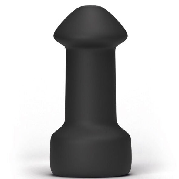 Masturbateur masculin All Black compact en silicone noir, vue de face sur son design epure a tete arrondie et base evasee, texture interne stimulante a tenir en main.