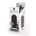 Boite noire et blanche du masturbateur All Black Bumpy, montrant le fourreau bosselé et la schema d usage avec la cartouche de lubrifiant offerte, sans illustration corporelle.