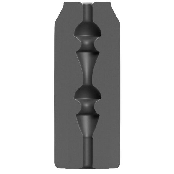 Masturbateur Energy All Black, vue en coupe gris fonce devoilant les cavernes internes en chapelet du canal, design canette de 17 cm en silicone sans phtalates fabrique en Belgique.