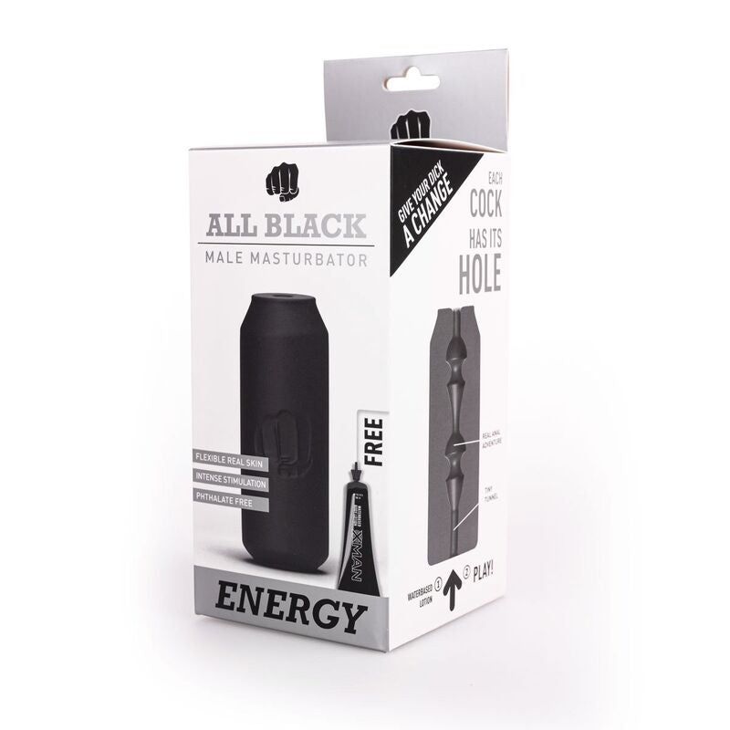 Boite blanche du masturbateur All Black Energy au design canette, montrant le boitier silicone et le schema d usage avec la cartouche de lubrifiant offerte, sans corps humain.