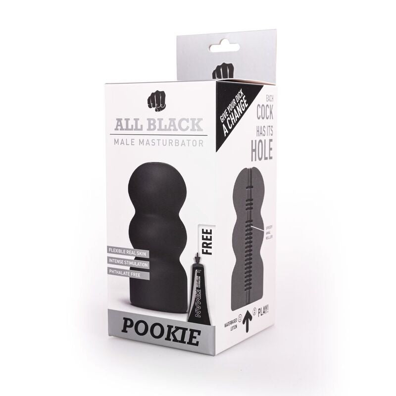 Boite noire et blanche du masturbateur All Black Twink, montrant le fourreau aux courbes galbees et le schema d usage avec la cartouche de lubrifiant offerte, sans corps.