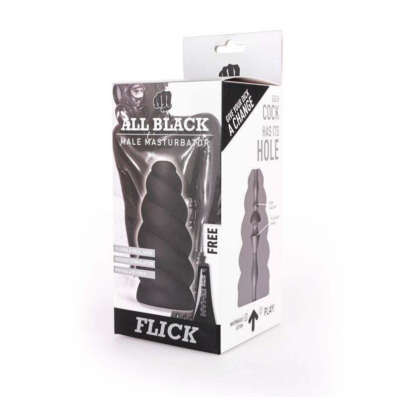 Boite noire et blanche du masturbateur All Black Flick, montrant le fourreau spiralé et le schema d usage avec la cartouche de lubrifiant offerte, presentation sans corps humain.