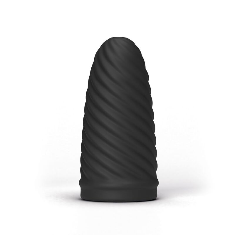 Masturbateur texture All Black 17 cm en silicone noir, vue de face sur son fourreau strié en spirale serrée et base évasée, canal zigzag interne pour une stimulation complete.