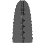 Masturbateur texture All Black, vue en coupe gris fonce montrant le canal interne en zigzag ponctué de cretes, 17 cm a l exterieur strié en spirale stimulant de tous cotes.