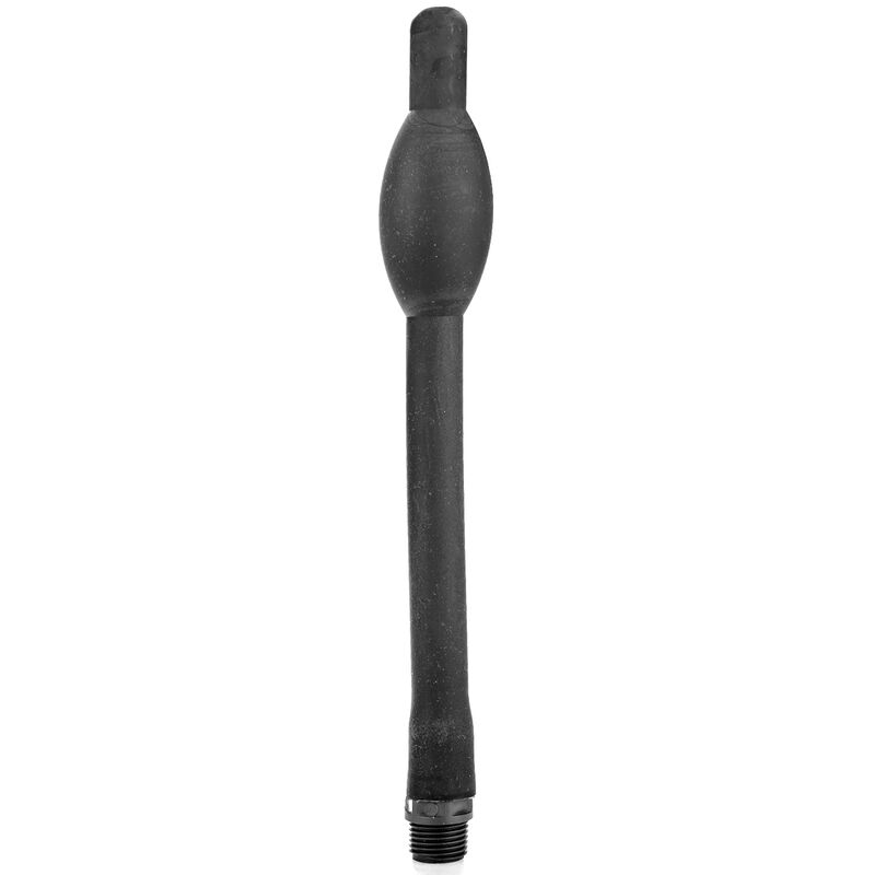 Douche anale rétractable All Black en silicone noir de 27 cm, vue de face sur sa canule a embout renflé perlé et pas de vis, flexible et compatible tous robinets.