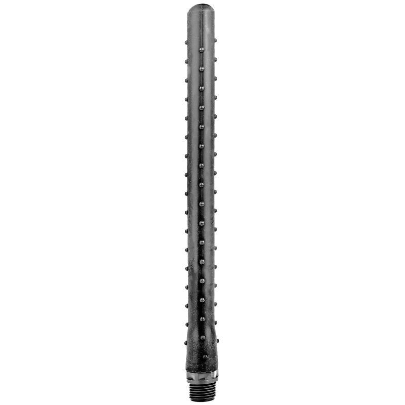 Douche anale All Black en silicone souple noir de 27 cm, vue de face sur sa longue canule perforée de petits trous diffuseurs et pas de vis, pour un rincage uniforme.