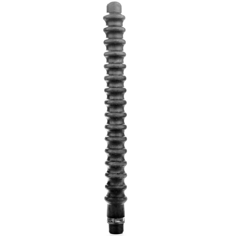 Douche intime anale All Black en silicone noir, vue de face sur son embout ondulé annelé de 28,5 cm a anneaux successifs et pas de vis, tuyau flexible a adaptateur universel.
