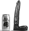 Gode realiste silicone All Black de 21 cm avec canette repere, forme penienne au gland marque et base testiculaire, diametre 3,5 cm avec texture speciale.