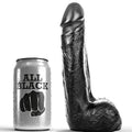 Gode realiste noir de 20 cm en TPR avec canette repere, forme penienne courbee au gland net et testicules moules, modele semi-realiste polyvalent.