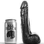 Gode realiste noir de 20 cm en TPR avec canette repere, forme penienne courbee au gland net et testicules moules, modele semi-realiste polyvalent.