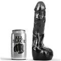 Gode realiste veine All Black noir pres de sa canette, gland net, veines ondulees et testicules sculptes, forme penienne PVC de 20 cm pensee pour le plaisir anal intense.