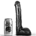 Grand gode realiste ondule All Black noir pres de sa canette, gland marque, tige veinee et testicules sculptes, forme penienne PVC de 23 cm pour des sensations anales intenses.
