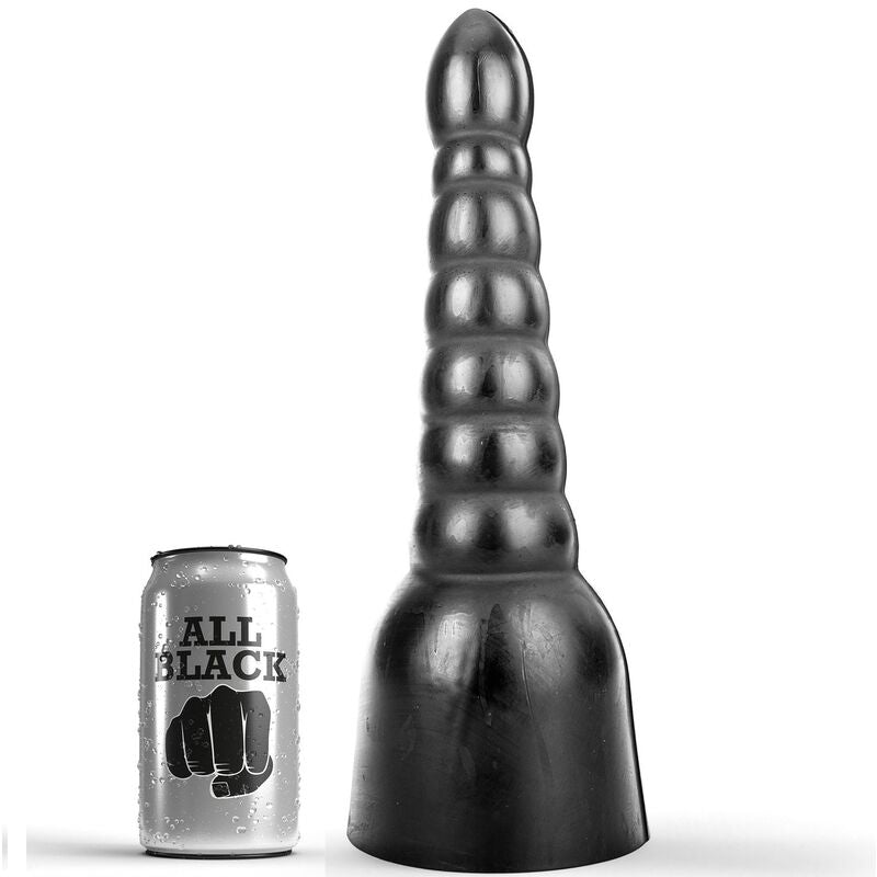 Gode XXL All Black noir etage en PVC pres de sa canette, sommet a renflements rainures et base large qui se reduit vers le haut, format de 34 cm pour une stimulation marquee.