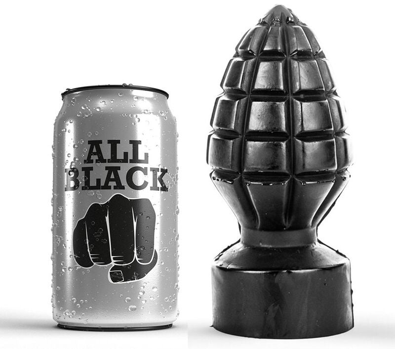 Plug anal en forme de grenade de 14 cm en PVC avec canette repere, corps a relief quadrille type grenade sur base ronde, effet de plenitude affirme.