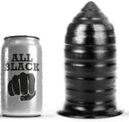 Plug anal nervure All Black en silicone pres de sa canette, ogive arrondie a stries horizontales marquees, format etanche de 16 cm pour une sensation anale texturee accentuee.