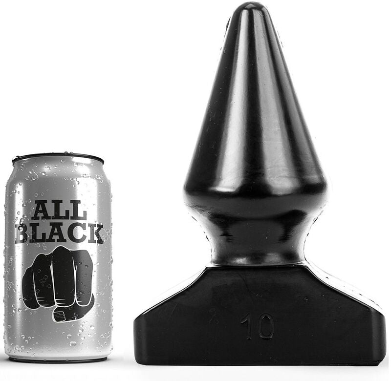 Plug anal conique All Black noir profond pres de sa canette, cone a pointe nette et large base trapeze marquee, PVC etanche de 20,5 cm pour une ouverture progressive profonde.
