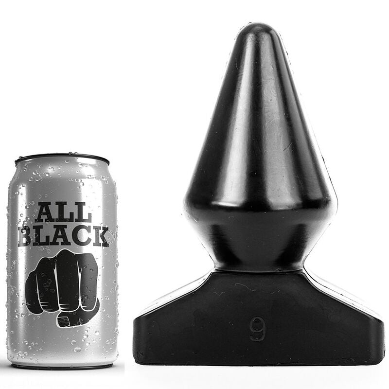 Plug anal conique All Black noir pres de sa canette, cone a pointe nette renflee et large base trapeze, PVC etanche de 18,5 cm pour faciliter l'insertion et l'etirement.