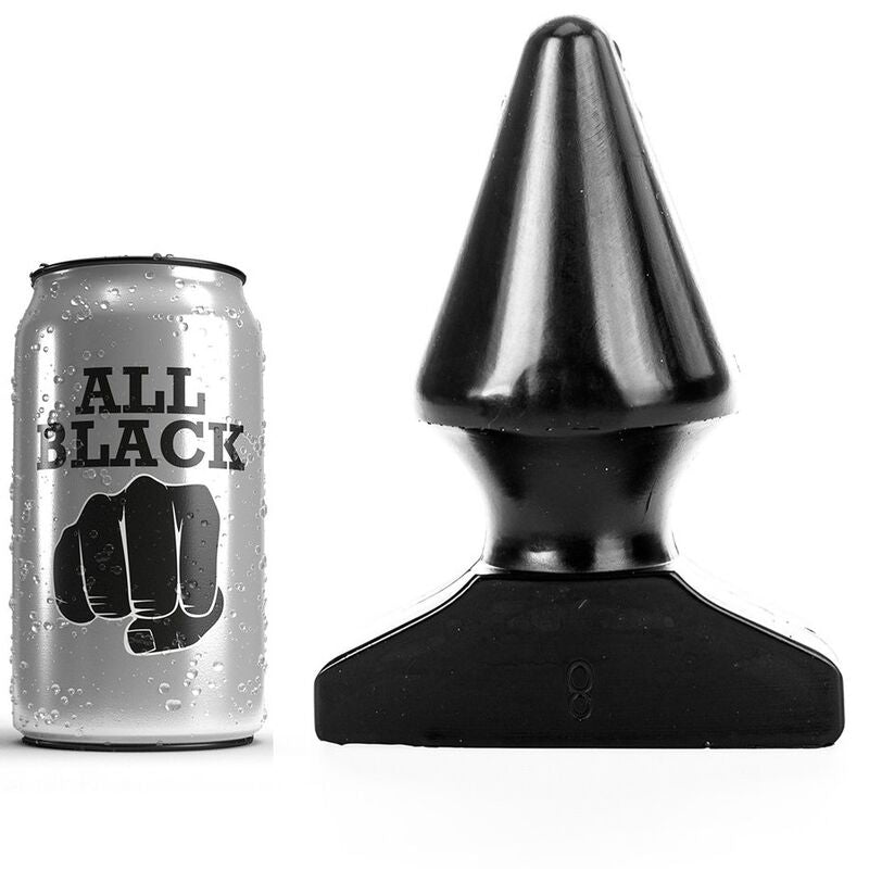 Plug anal conique All Black silicone presente face a sa canette, pointe effilee et large base trapeze, modele etanche de 17 cm pour un etirement anal progressif et maitrise.