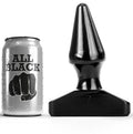 Plug anal conique All Black en silicone, presente face a sa boite canette argentee, pointe effilee et large base trapeze stable, format compact 12 cm pour l'initiation anale.