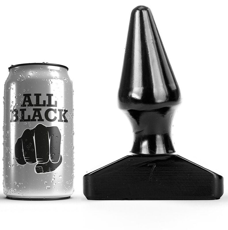 Plug anal conique All Black en silicone, presente face a sa boite canette argentee, pointe effilee et large base trapeze stable, format compact 12 cm pour l'initiation anale.
