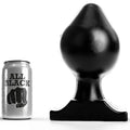 Plug anal tres large All Black noir en PVC pres de sa canette, corps de toupie bombe et base trapeze evasee, format souple de 22,5 cm conçu pour une dilatation extreme progressive.