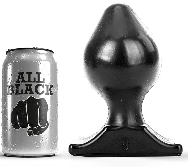 Plug anal PVC souple All Black noir pres de sa canette, profil de toupie bombee et large base trapeze, format 17 cm flexible pour une ouverture anale progressive et confortable.