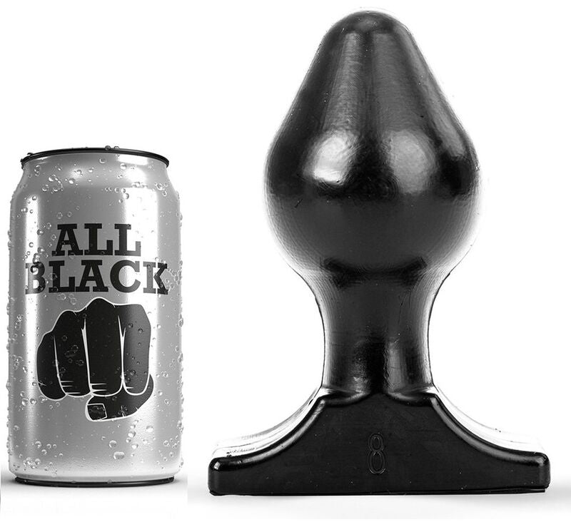 Plug anal All Black silicone large a profil de toupie, place pres de sa canette de presentation, corps bombe et socle evase pour une sensation de remplissage marquee mais souple.