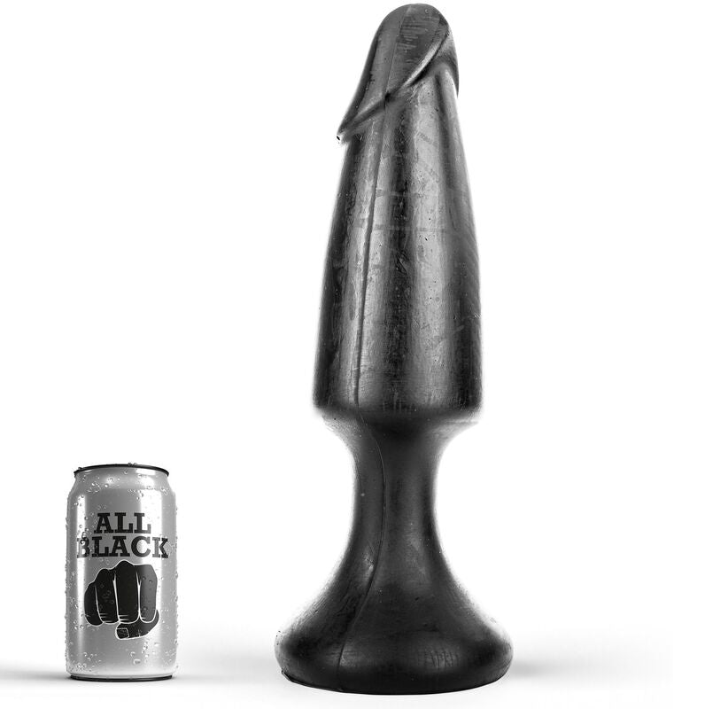 Long plug anal All Black noir a forme allongee pres de sa canette, fut en fuseau a tete arrondie et large base trapeze, PVC de 35 cm pour remplir et etirer progressivement.