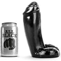Gode realiste All Black silicone noir pres de sa canette, tige droite a gland net et testicules sculptes formant la base, modele etanche de 16 cm ideal pour debuter.