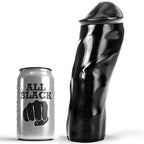 Gode realiste All Black en silicone noir, vue de profil pres de la canette, tige veinee a gland marque et stries discretes, 20 cm etanche pour une penetration vaginale ou anale.