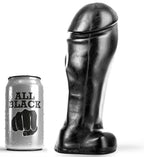 Gode All Black a bout large en silicone pres de sa canette, gros gland penien marque et base avec testicules, format genereux de 22 cm pour une penetration vaginale ou anale.