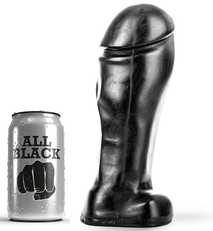 Gode All Black a bout large en silicone pres de sa canette, gros gland penien marque et base avec testicules, format genereux de 22 cm pour une penetration vaginale ou anale.