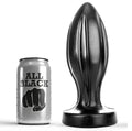 Plug anal lisse All Black en PVC pres de sa canette, corps en fuseau a rainures longitudinales et socle plat, format etanche de 21 cm avec rainures pour plus de sensation.