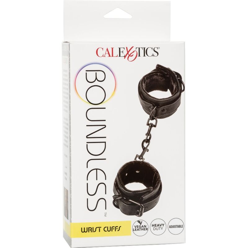 Packaging Boundless Wrist Cuffs CalExotics, deux manchettes en cuir vegan reliées par chaîne métal, pictogrammes deux cuffs, heavy duty et adjustable.