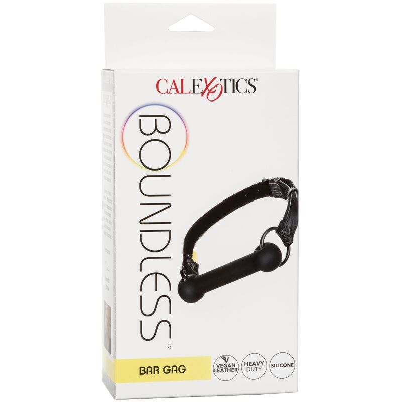 Packaging Boundless Bar Gag CalExotics, bâillon à barre en silicone et cuir vegan en vitrine, pictogrammes vegan leather, heavy duty et silicone.
