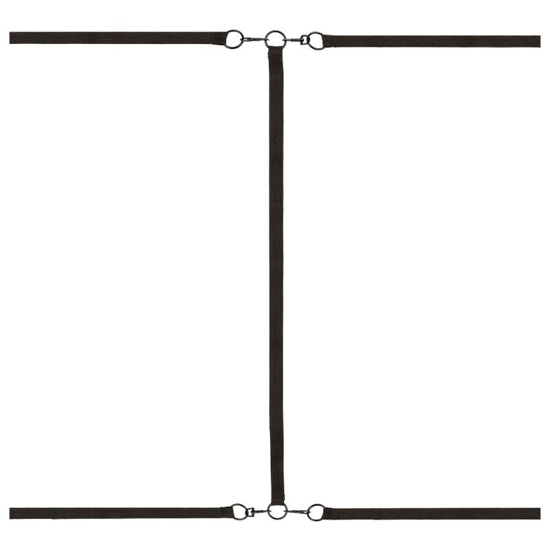 Sangles croisées du kit de retenue de lit Boundless en tissu noir avec connecteurs métal, système réglable s'installant sous le matelas pour le bondage.