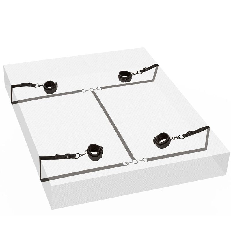 Kit de retenue de lit Boundless posé sur un matelas, quatre menottes en cuir vegan noir reliées par sangles croisées réglables pour le bondage au lit.