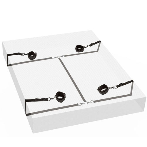 Kit de retenue de lit Boundless posé sur un matelas, quatre menottes en cuir vegan noir reliées par sangles croisées réglables pour le bondage au lit.