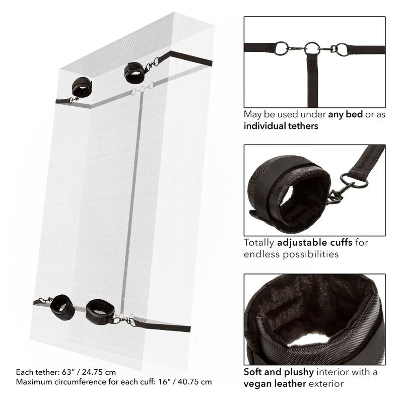 Vignettes du Boundless Bed Restraint, sangles réglables jusqu'à 40,75 cm par menotte, intérieur plush en cuir vegan et fixation universelle sous le lit.