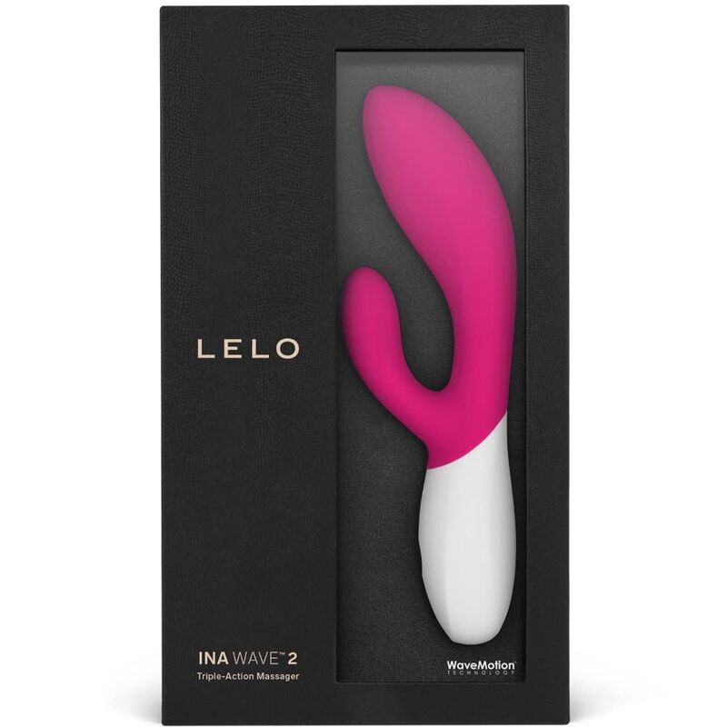 Boite Lelo Ina Wave 2 fuchsia dressee, rabbit a manche blanc sous fenetre, masseur triple action a mouvement de vague point G et clitoris en silicone, mention WaveMotion.